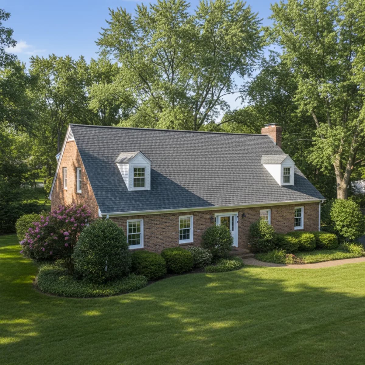 Charcoal architectural asphalt shingle roof on a brick colonial home in Edison New Jersey