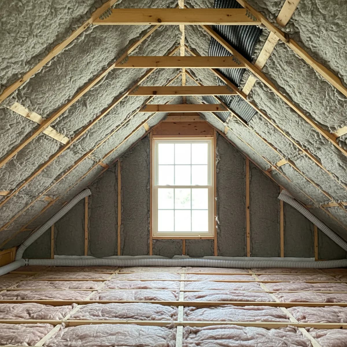 New Jersey home attic interior showing R-49 cellulose insulation between rafters and continuous soffit-to-ridge ventilation
