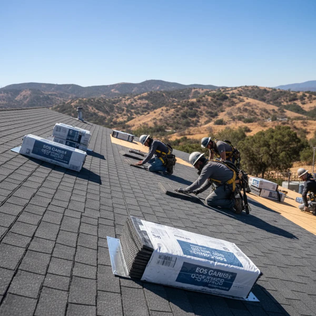 California roofing crew installing new Class A fire-rated asphalt shingles on a 1970s ranch-style foothill home with ember-resistant vents visible at the eaves