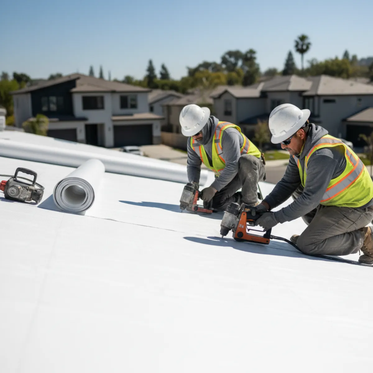 California roofing crew installing bright white TPO cool-roof membrane on a low-slope residential addition under direct midday sun