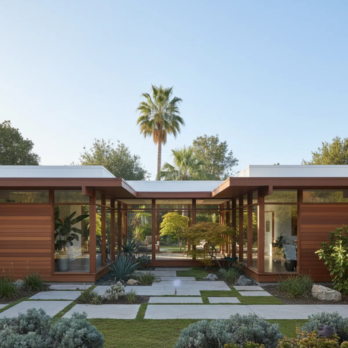 Classic Joseph Eichler mid-century modern home in Palo Alto with post-and-beam architecture, floor-to-ceiling glass walls, central atrium, and fresh white TPO flat roof membrane