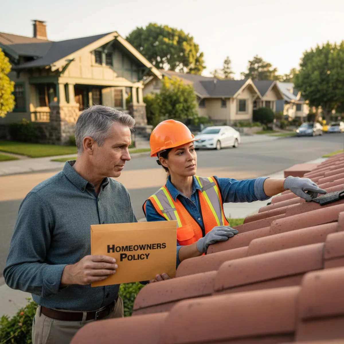 California homeowner reviewing a homeowners policy letter while a roofing contractor in a safety vest points to the tile roof of their Craftsman-style home