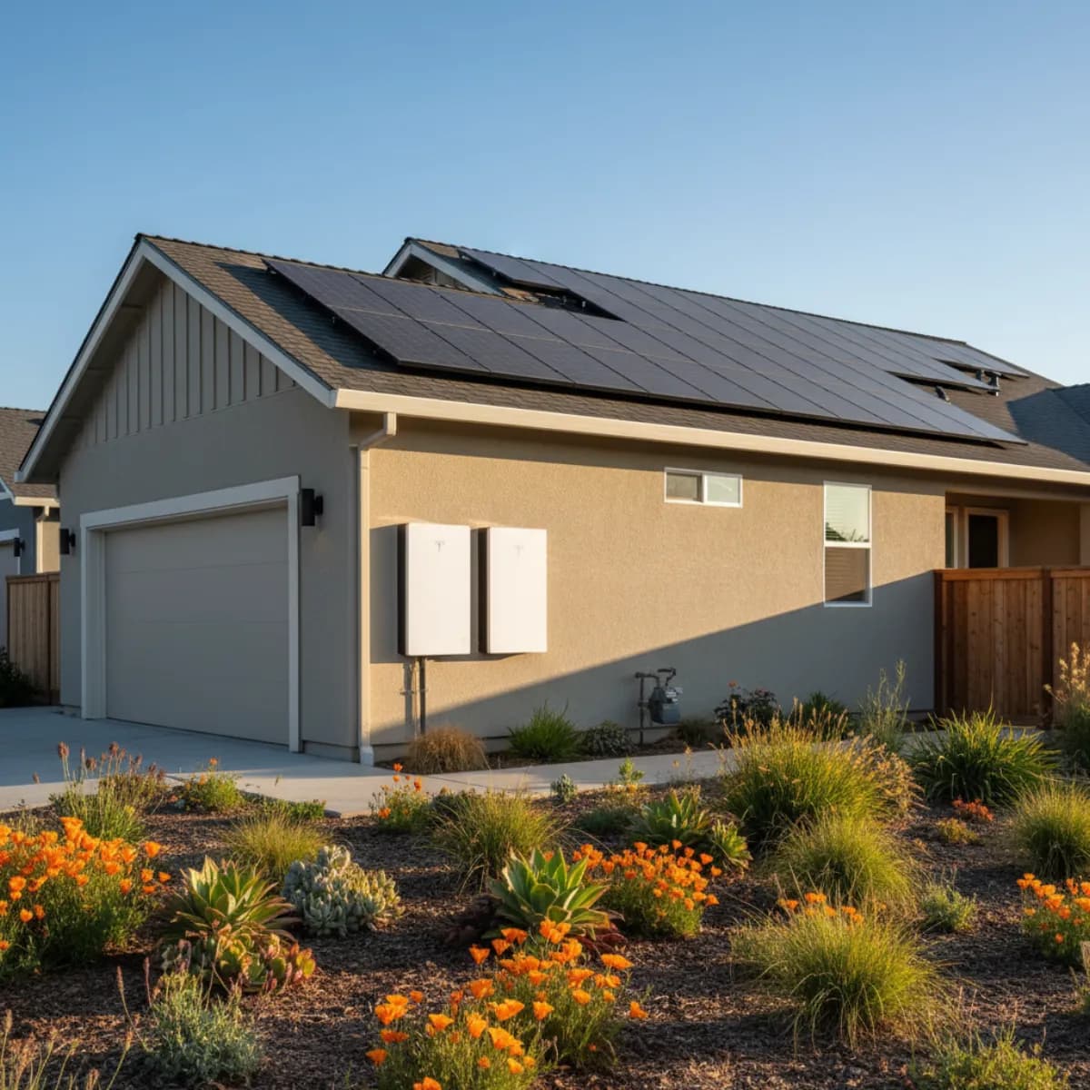 Modern Northern California home with newly-installed black monocrystalline solar panel array on composition shingle roof and two Tesla Powerwall batteries on the garage wall under NEM 3.0