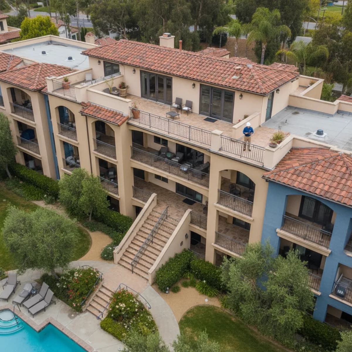 Aerial view of a Mediterranean-style California condominium complex with rooftop decks and exterior walkways under SB 326 inspection by a licensed inspector