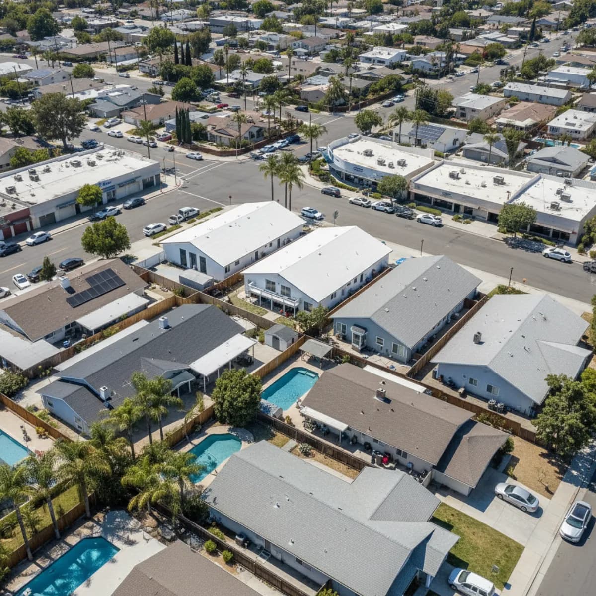 Aerial view of a Southern California neighborhood showing bright white TPO cool flat roofs and light-gray cool-rated asphalt shingle roofs alongside older dark non-cool roofs