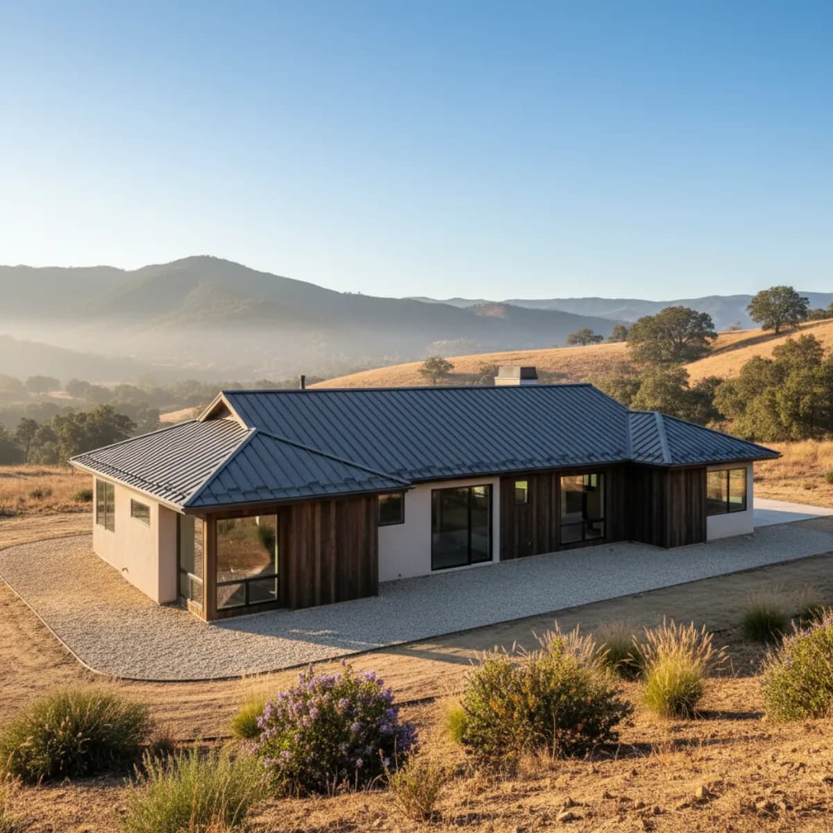Modern California home with standing seam metal roof, ember-resistant eave vents, and a cleared 5-foot gravel Zone 0 perimeter meeting IBHS Wildfire Prepared Home standards
