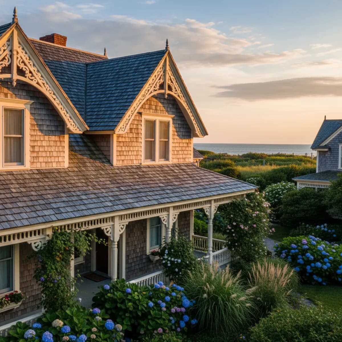 Weathered cedar shake roof on a Cape May Victorian home in New Jersey with silvery patina