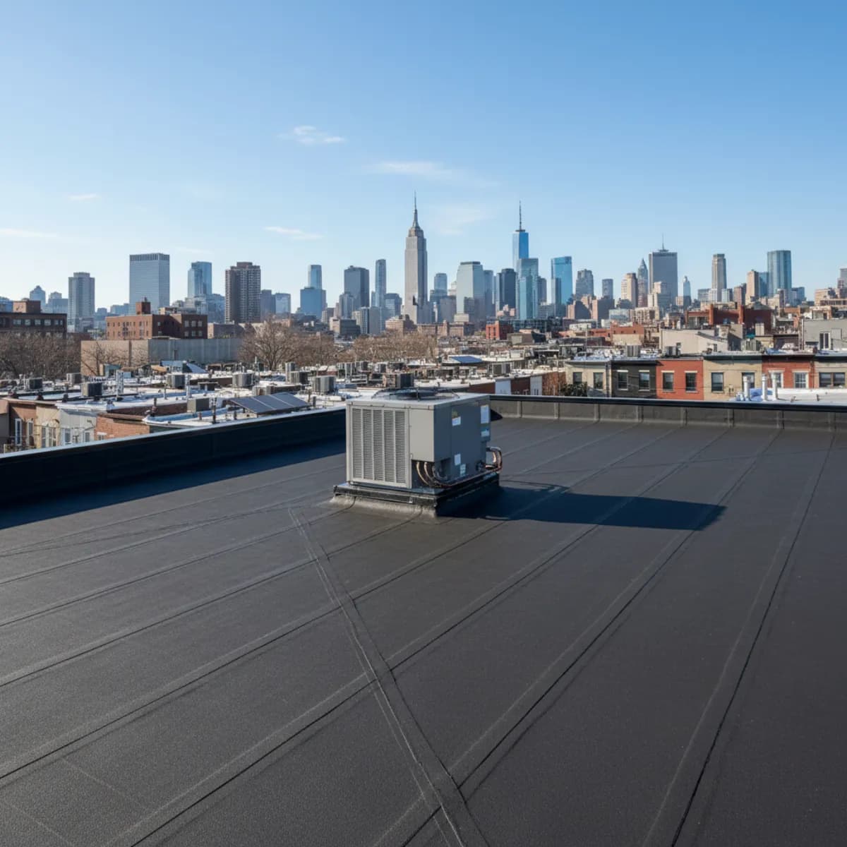 Flat black EPDM rubber membrane roof on a Hoboken New Jersey row home with urban skyline