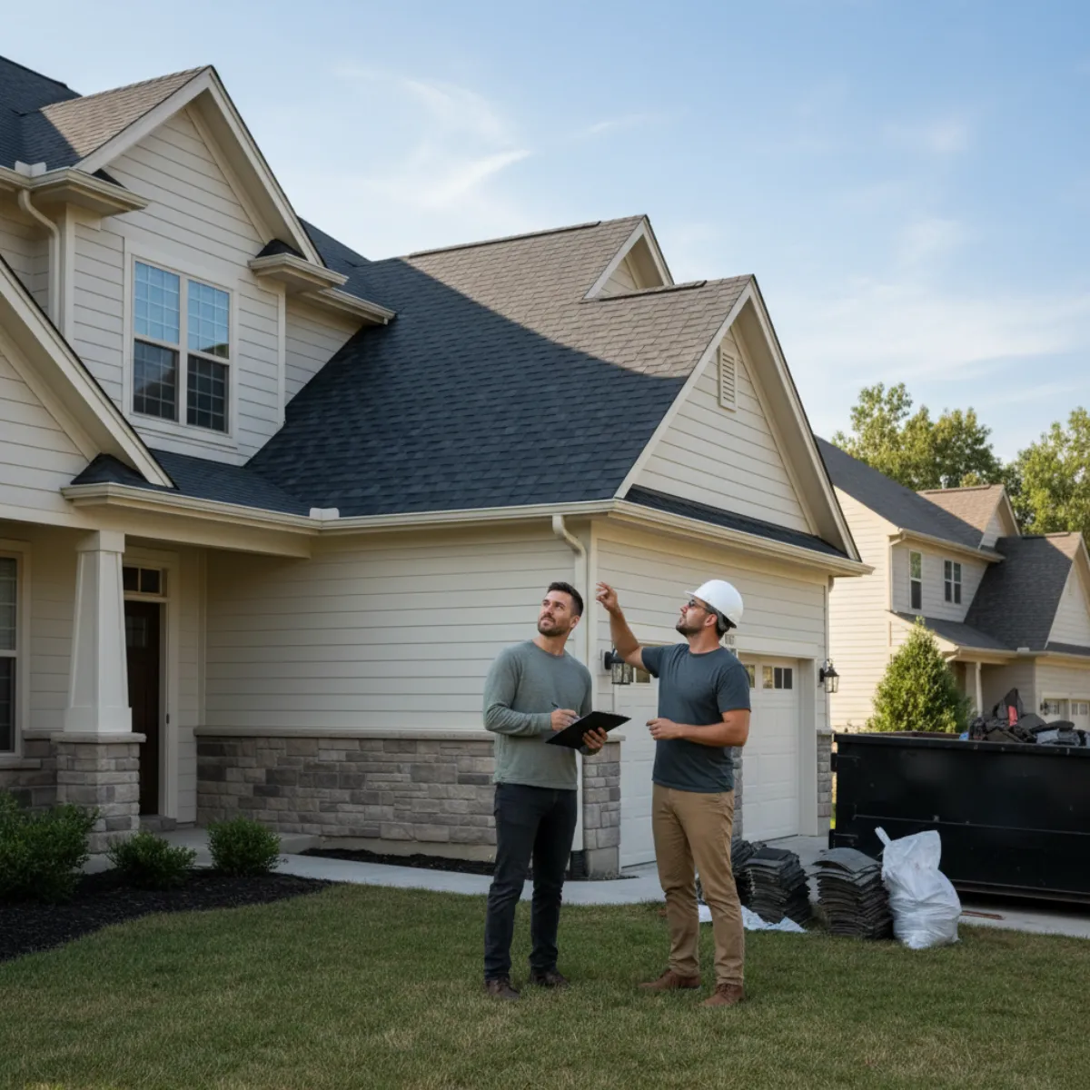 Homeowner and roofing contractor reviewing a final roof checklist