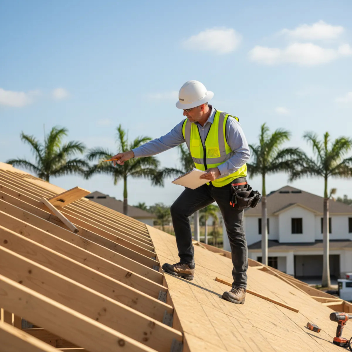 Florida building inspector checking roof construction compliance on a new home