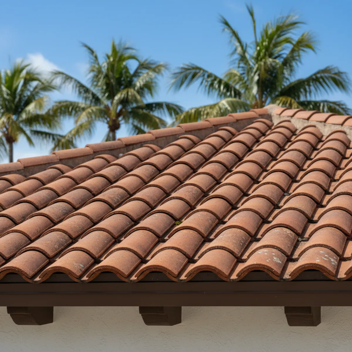 Aerial view of Florida homes with clay and concrete tile roofing in a coastal neighborhood