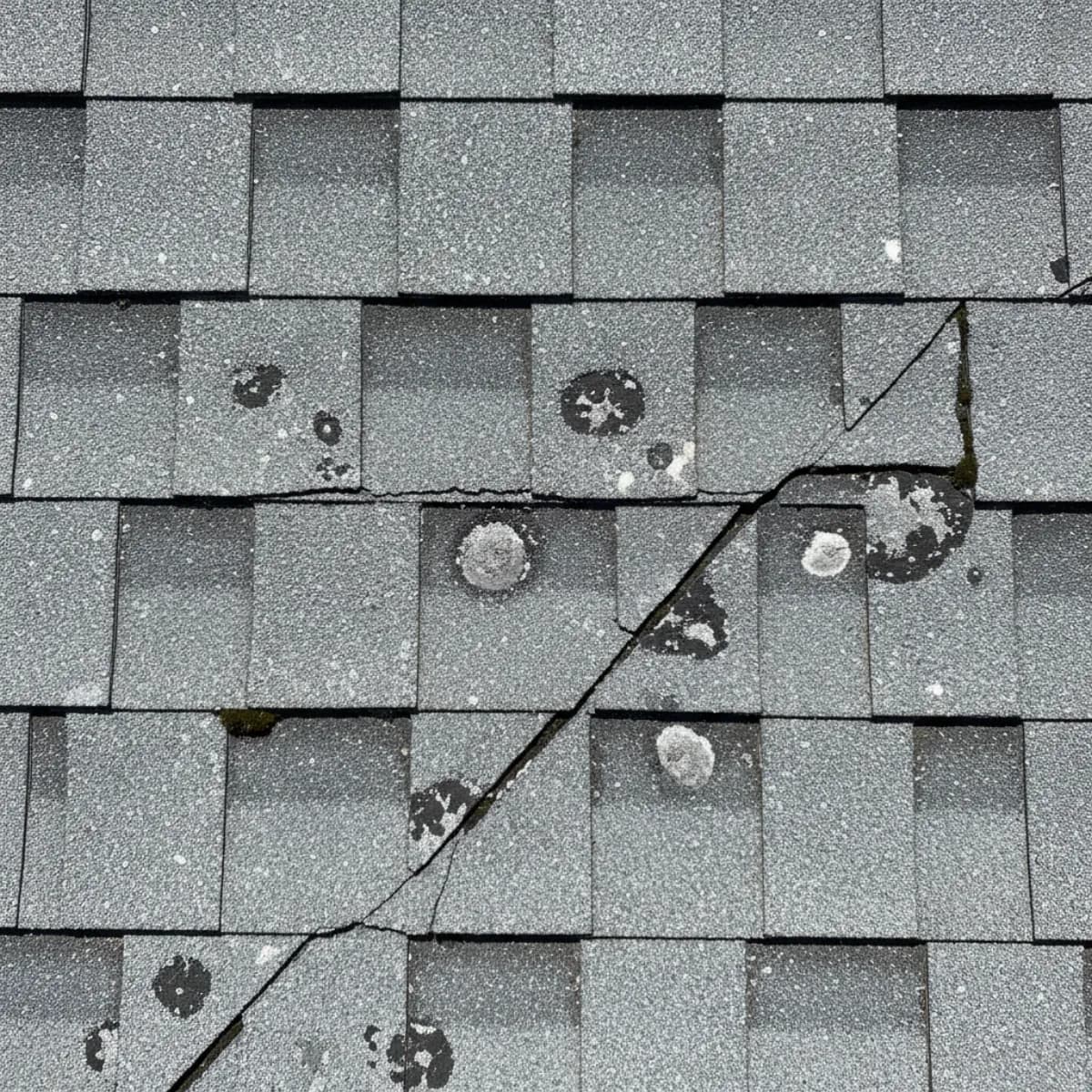 Asphalt shingle roof in Morris County NJ showing circular hail impact bruises and granule loss
