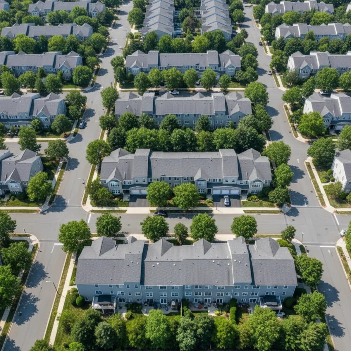 Aerial view of a New Jersey HOA townhouse community with uniform architectural shingle roofs