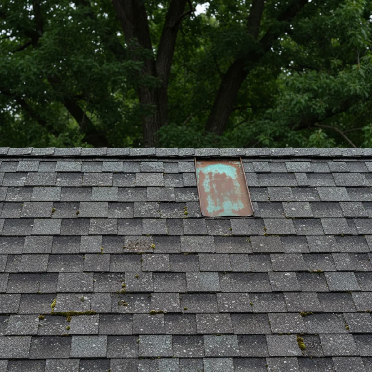 Aged asphalt shingle roof on a New Jersey colonial home showing weathered granules