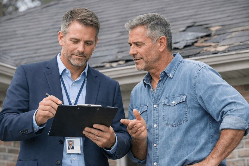 Insurance adjuster discussing roof damage claim with homeowner