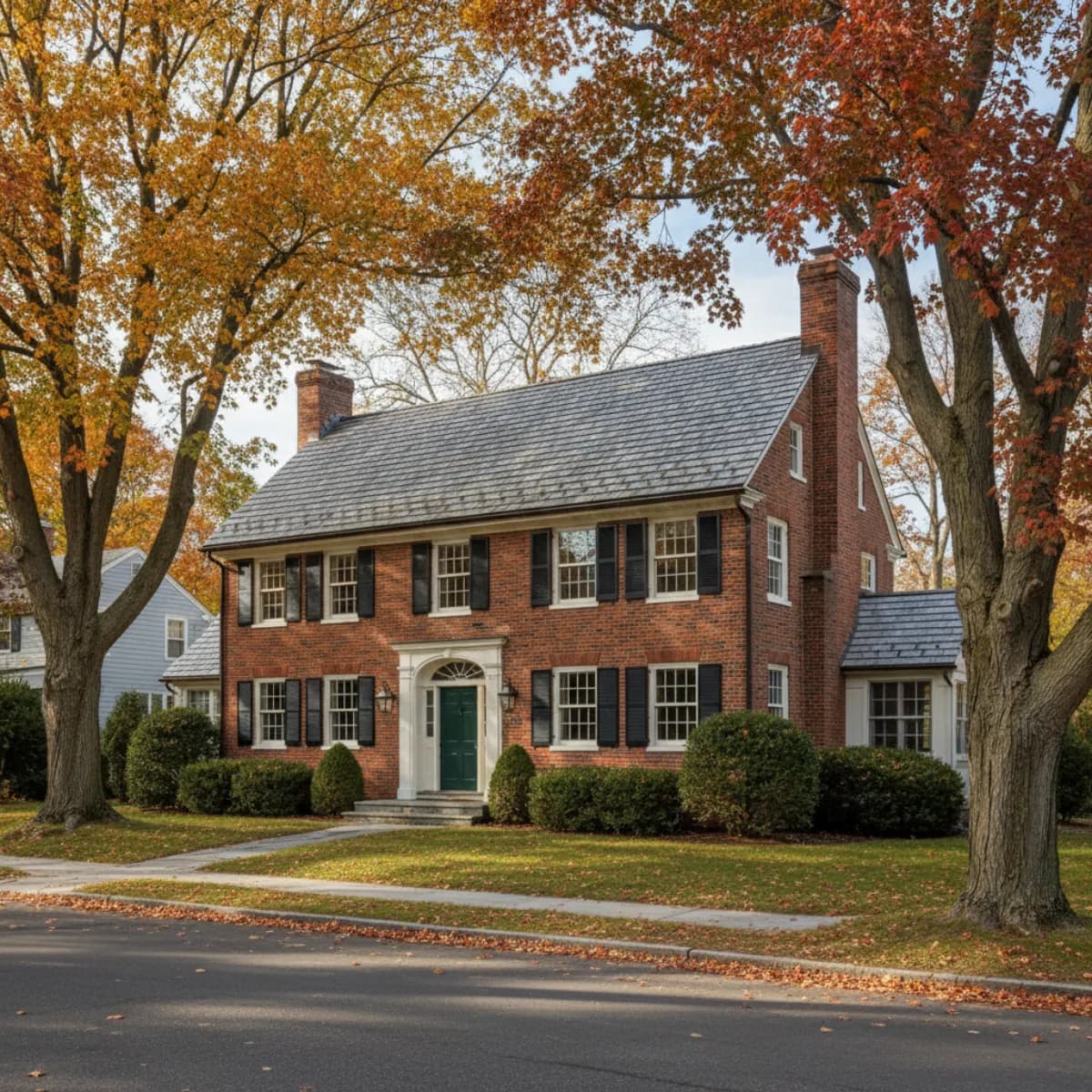 Massachusetts colonial home with synthetic composite shake roof that mimics the look of aged cedar