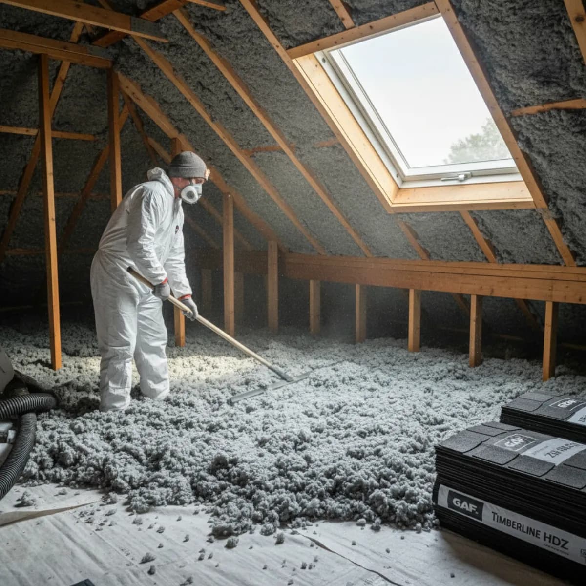 Massachusetts contractor installing thick R49 attic insulation during a re-roof project in a suburban colonial home