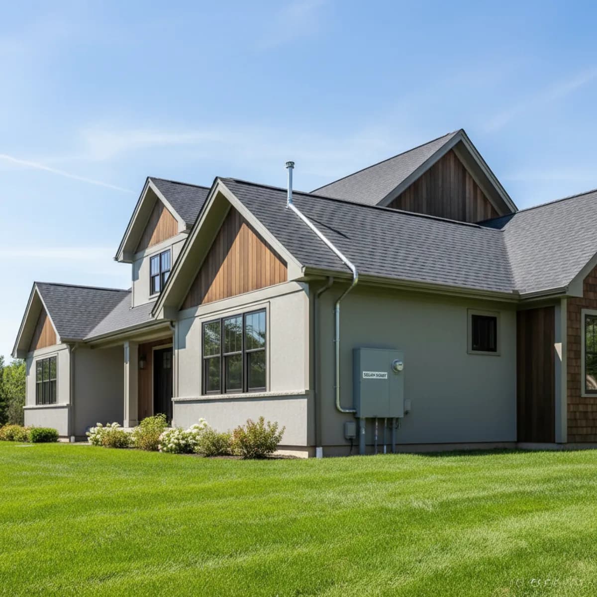Massachusetts suburban home with south-facing roof plane pre-wired for solar, conduit pathway visible to electrical panel