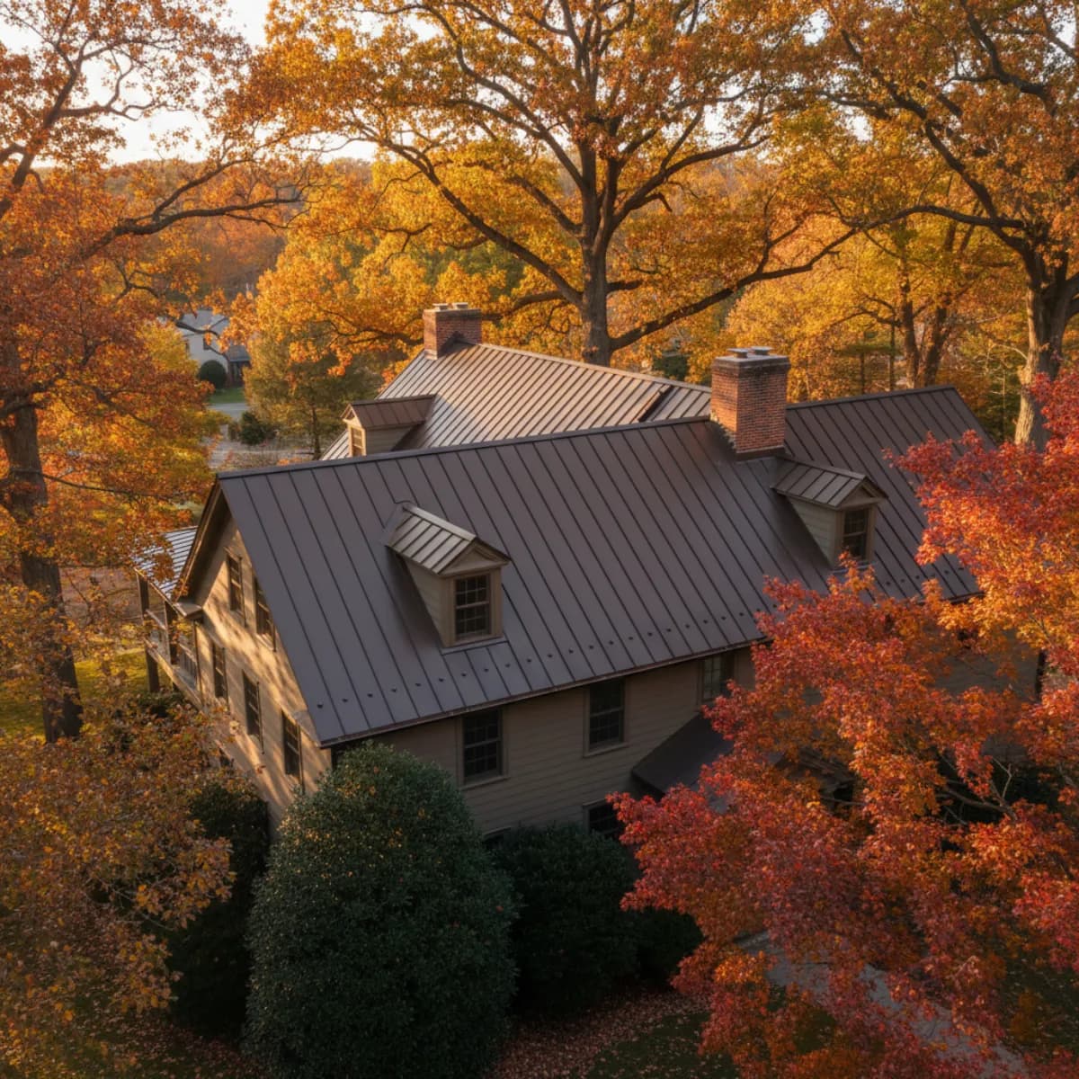 Standing seam dark bronze metal roof on a Princeton New Jersey colonial home