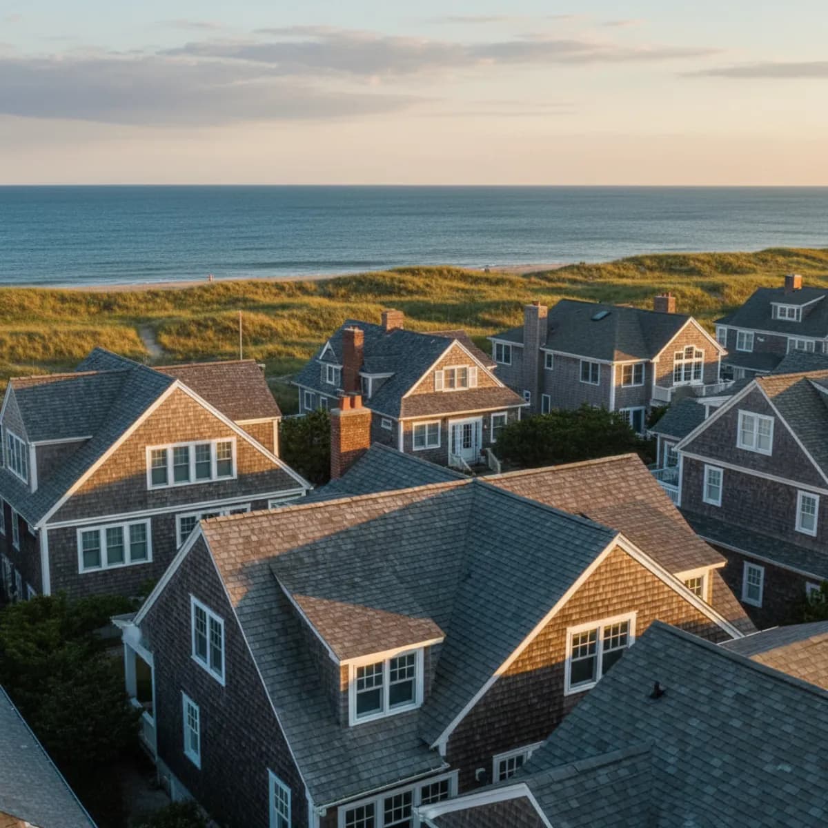 Jersey Shore oceanfront homes with weathered coastal roofs in Cape May County