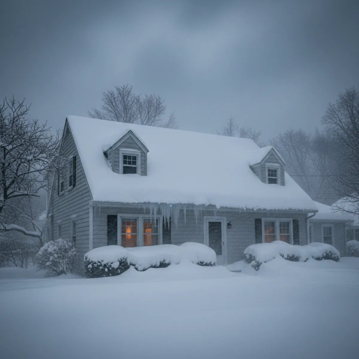 Snow-covered Cape Cod home in Bergen County NJ during a nor'easter with ice dam forming at eaves