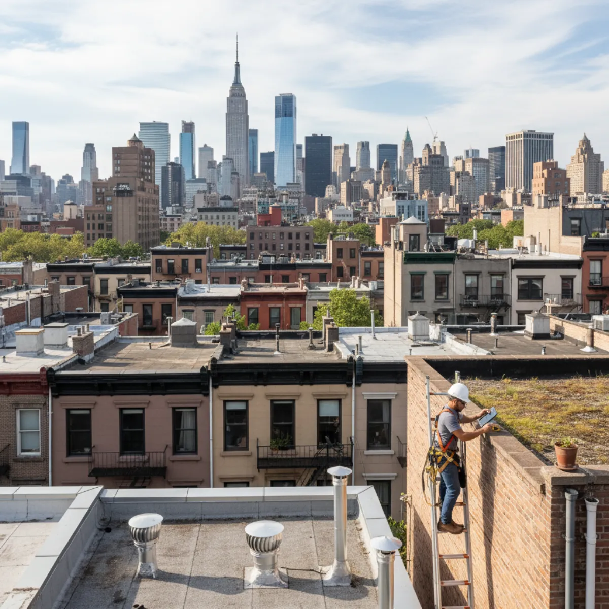 New York brownstone neighborhood showing code-compliant roof types with NYC skyline