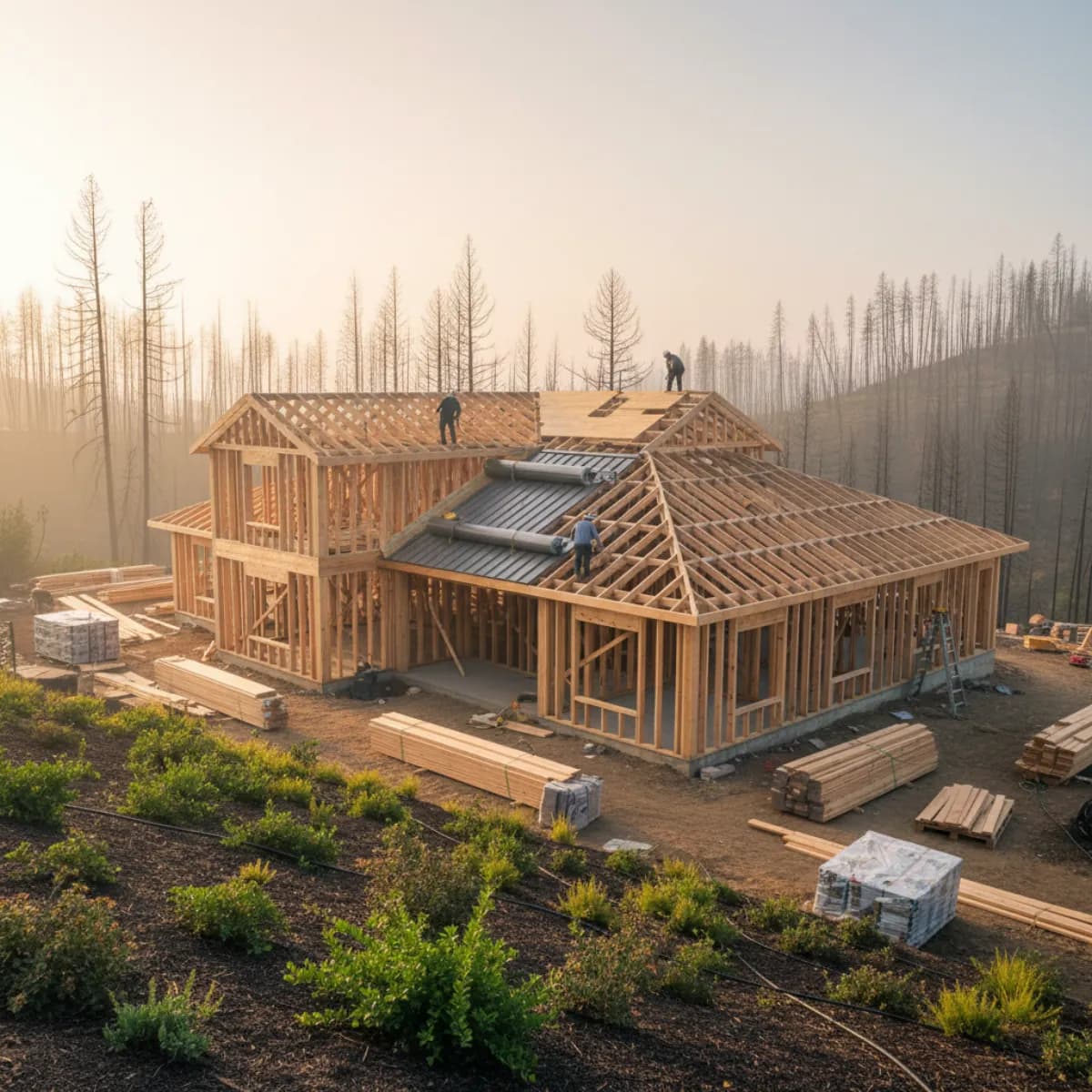 Newly-framed Southern California home with standing seam metal roofing under installation, charred trees in middle distance showing recovery from wildfire