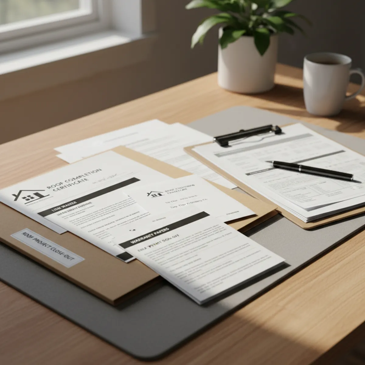 Organized roof project close-out paperwork and homeowner file