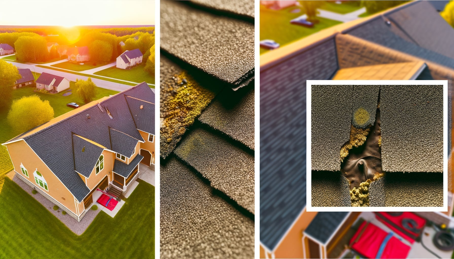 Professional before and after comparison of roof damage showing repair transformation