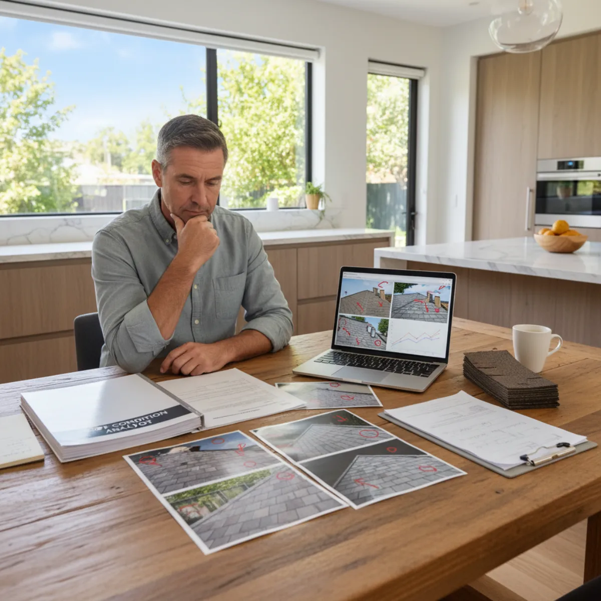 Homeowner reviewing a roof inspection report with defect callouts