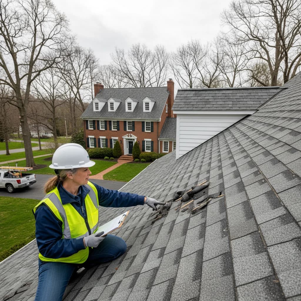 Insurance adjuster inspecting storm damage on a Connecticut colonial roof