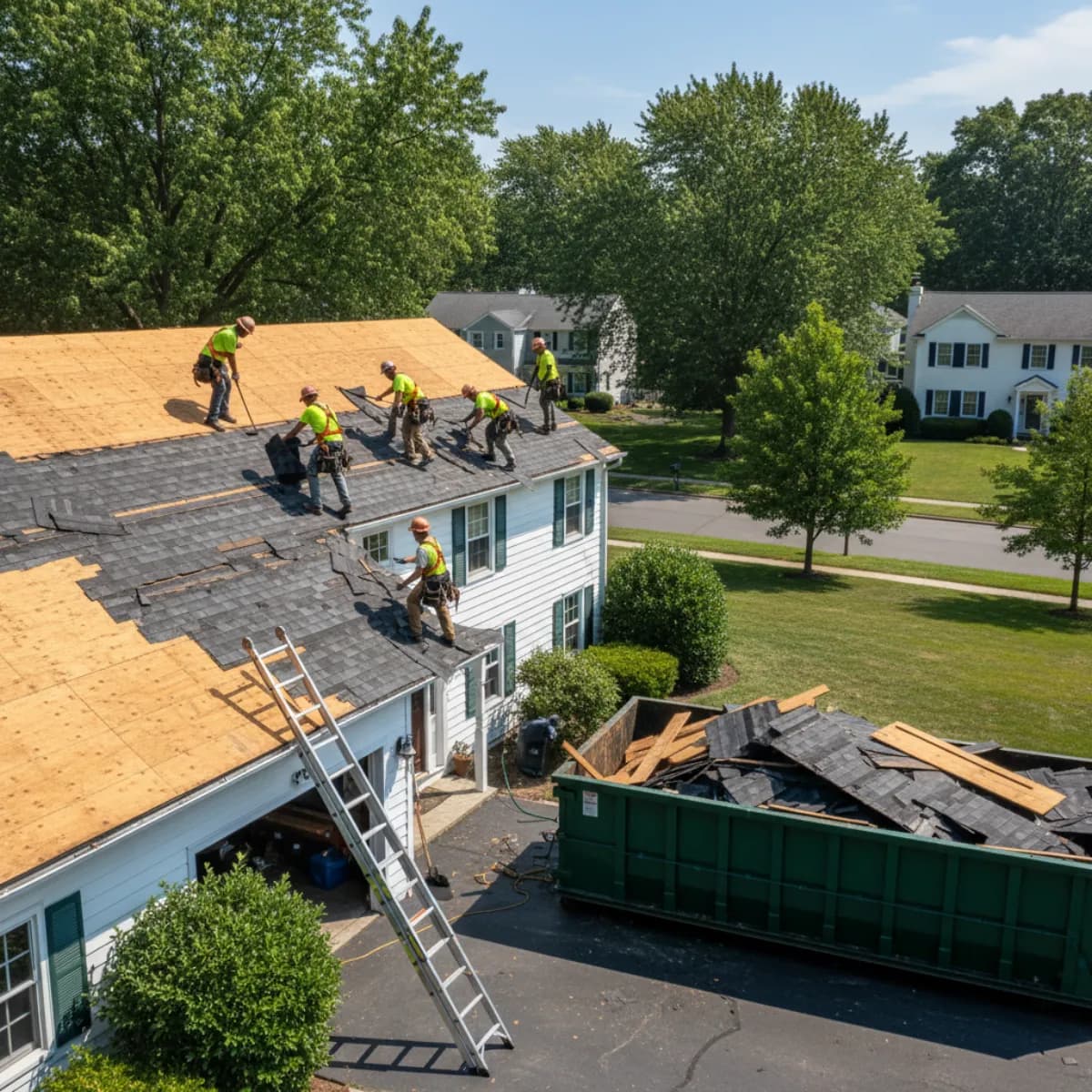New Jersey roofer tearing off old shingles to expose roof deck for replacement