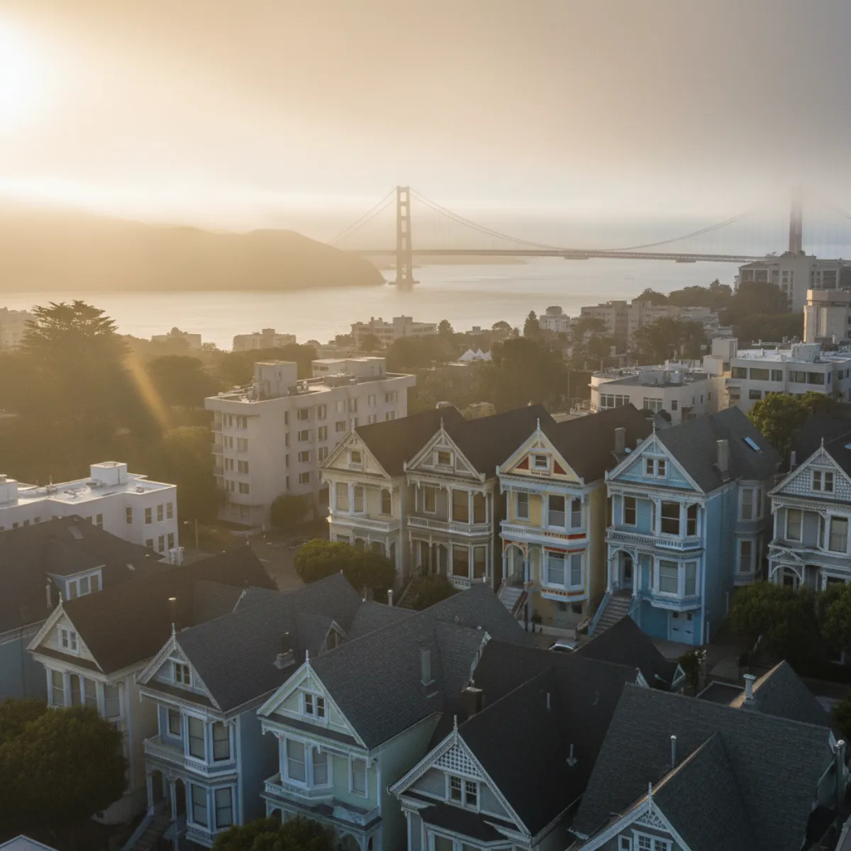 Aerial view of Victorian Painted Lady homes in Pacific Heights San Francisco with new composition shingle roofs and Golden Gate Bridge visible in the distant Bay Area fog