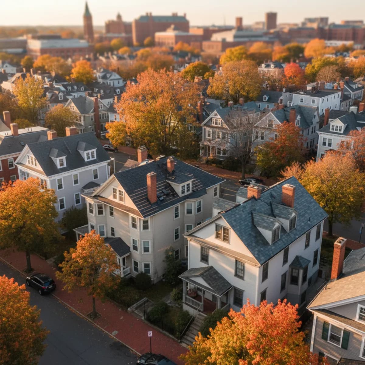 Cambridge, Massachusetts residential street with classic three-decker homes and Victorian clapboard houses mid-roof-replacement, distant Harvard Yard brick buildings in the background