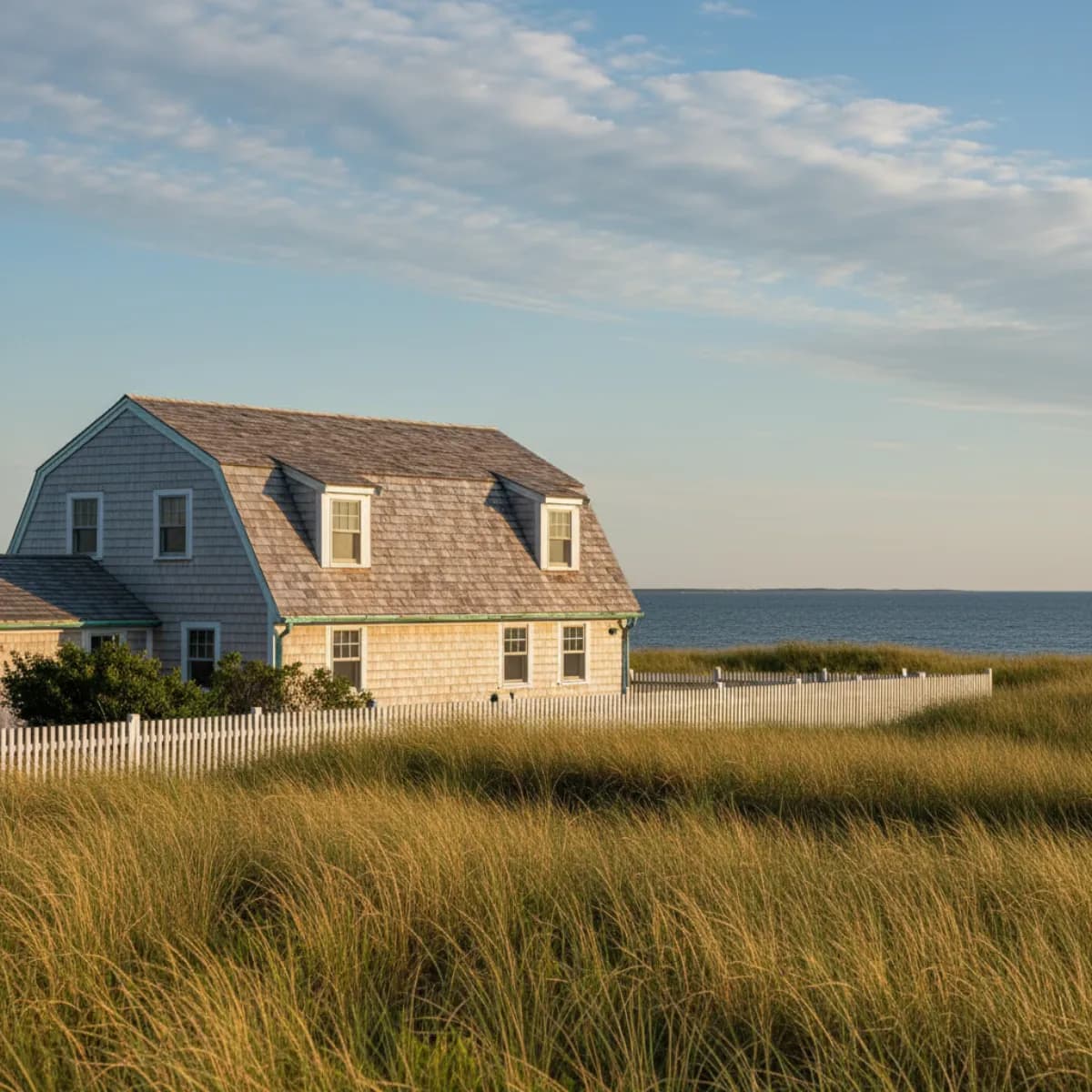 Weathered cedar-shake Cape Cod cottage with copper flashing overlooking Nantucket Sound on a clear afternoon