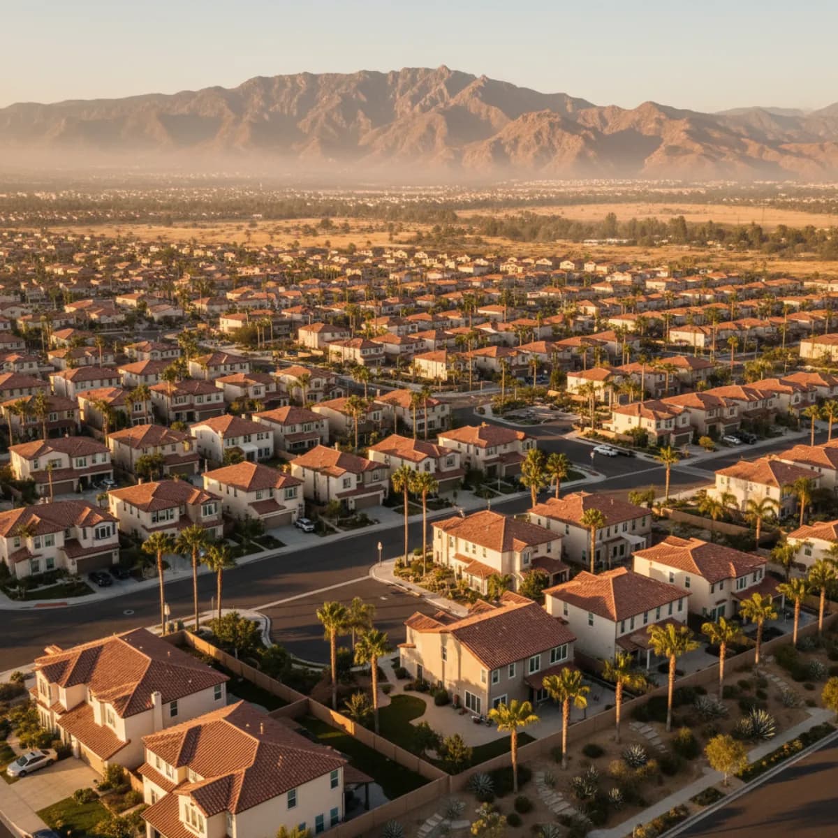 Aerial view of a Riverside California master-planned community with red concrete tile roofs on two-story Spanish-revival homes with Jurupa Mountains in the distance