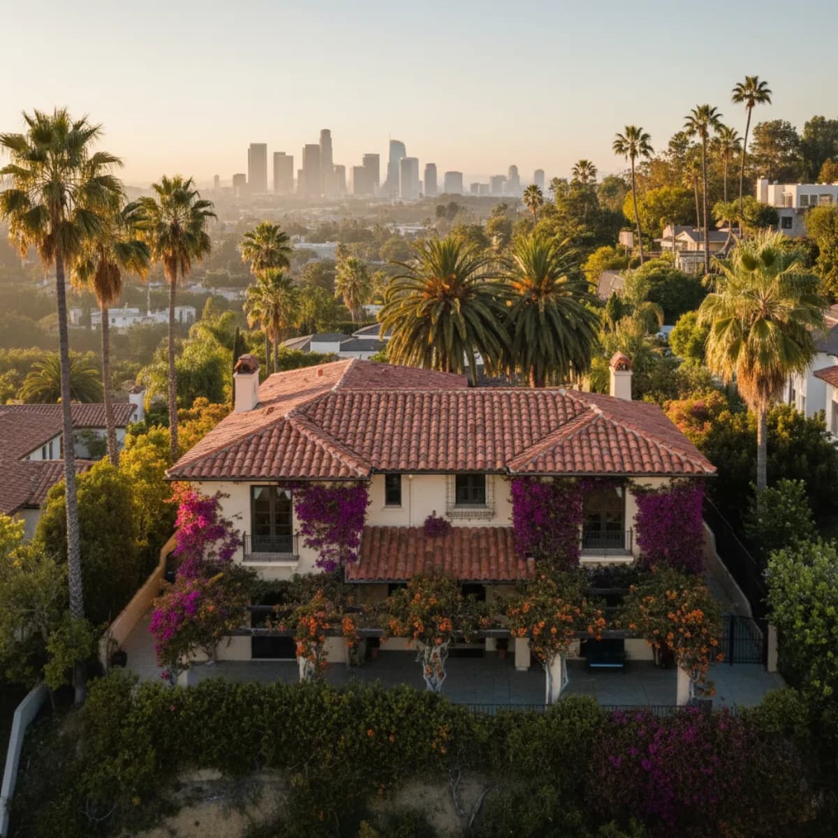 Aerial view of a Hollywood Hills home with a new terracotta clay tile roof and palm trees, downtown Los Angeles skyline in the distance