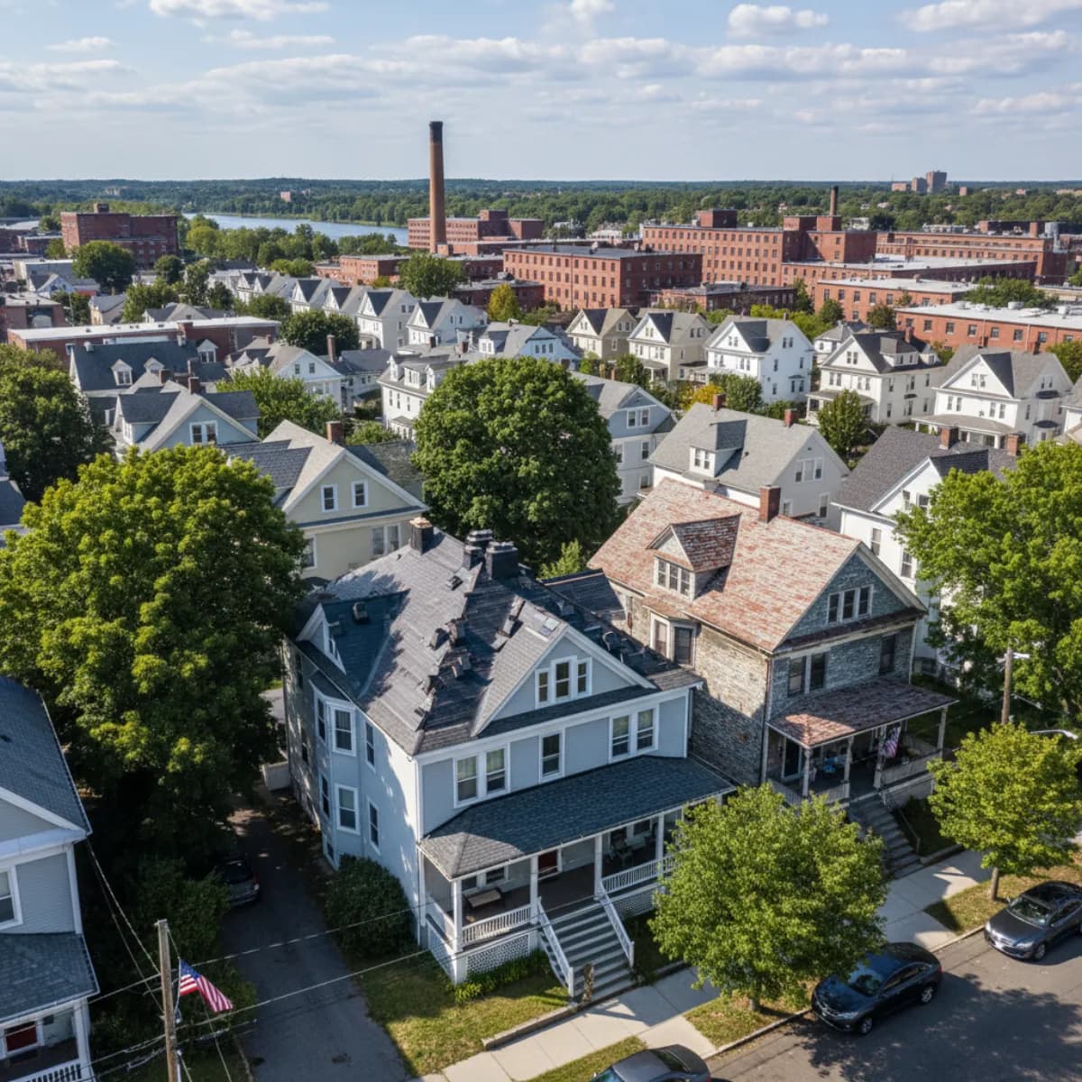 Lowell Massachusetts working-class neighborhood street with classic New England triple-decker mill-worker housing mid-roof-replacement, red-brick Boott Cotton Mills historic district in the background