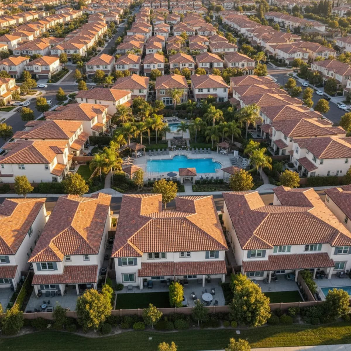 Aerial drone view of Mediterranean-style two-story homes in an Irvine planned community with matching terracotta clay tile roofs, palm trees, and manicured landscaping in late-afternoon Southern California sunlight
