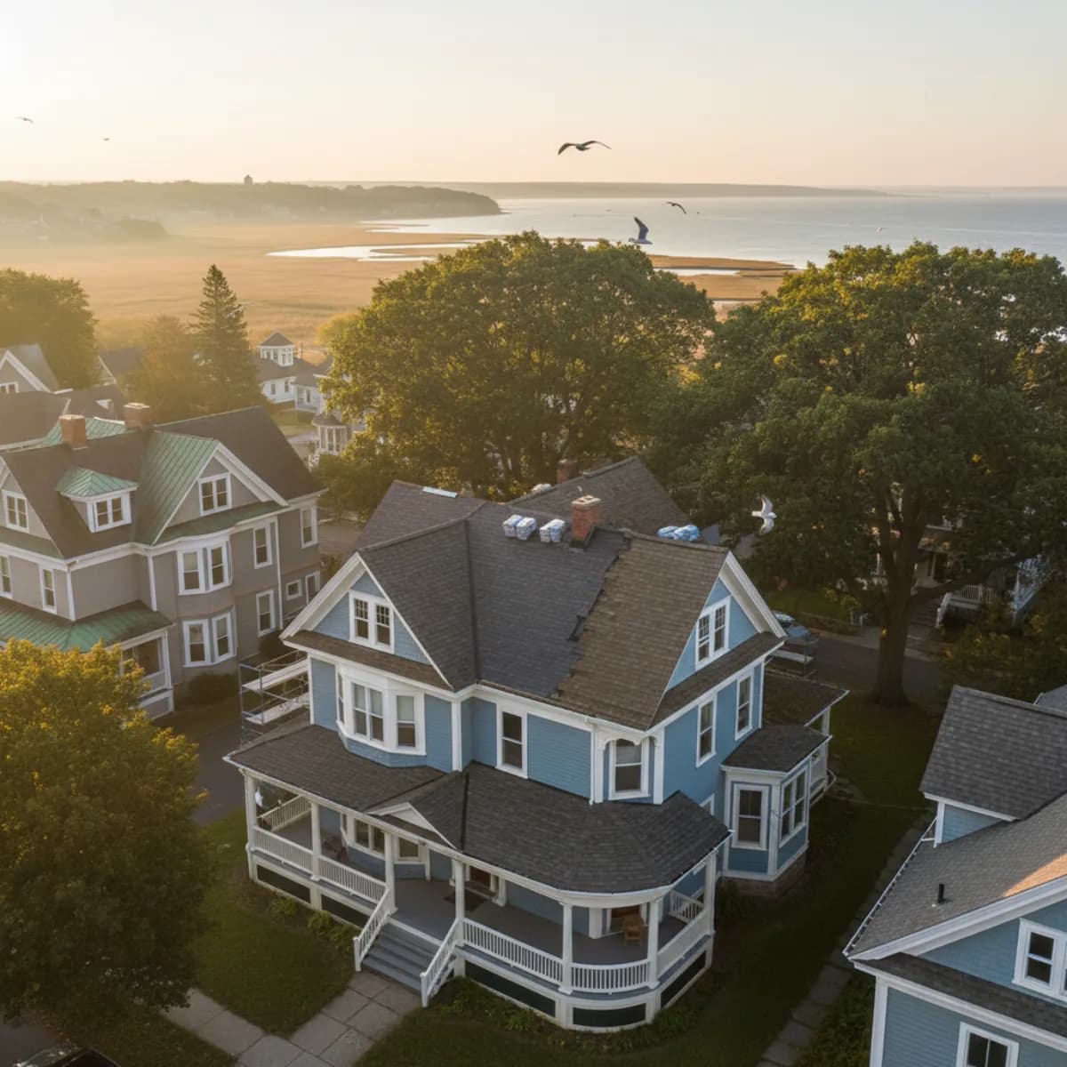 Quincy Massachusetts coastal neighborhood near Wollaston Beach with a classic Victorian home mid-roof-replacement, Boston Harbor and Atlantic Ocean visible in the background
