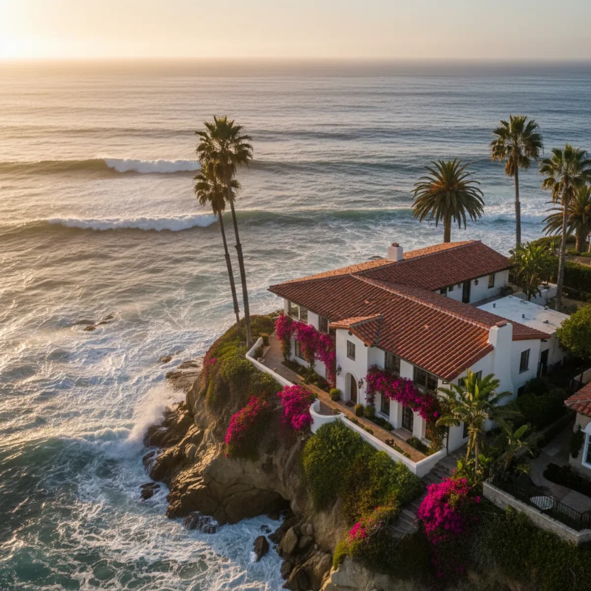 Aerial view of a La Jolla Spanish-style home with a new red clay tile roof on a cliff above the Pacific Ocean in San Diego