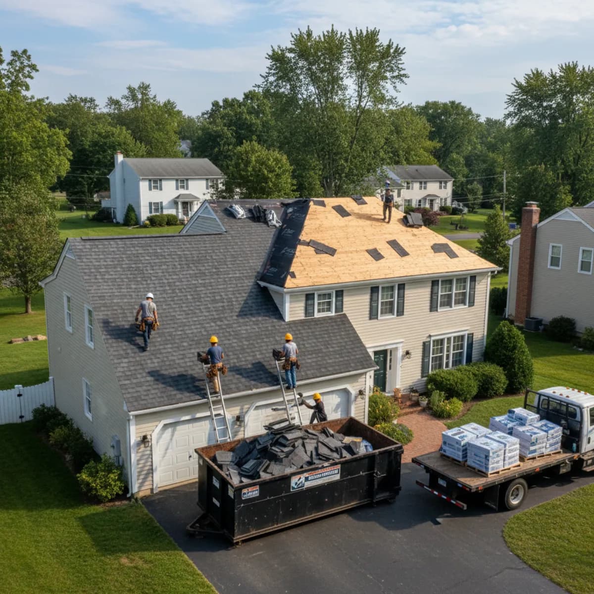 New Jersey roofing crew mid-installation showing half-completed shingle work on a colonial home