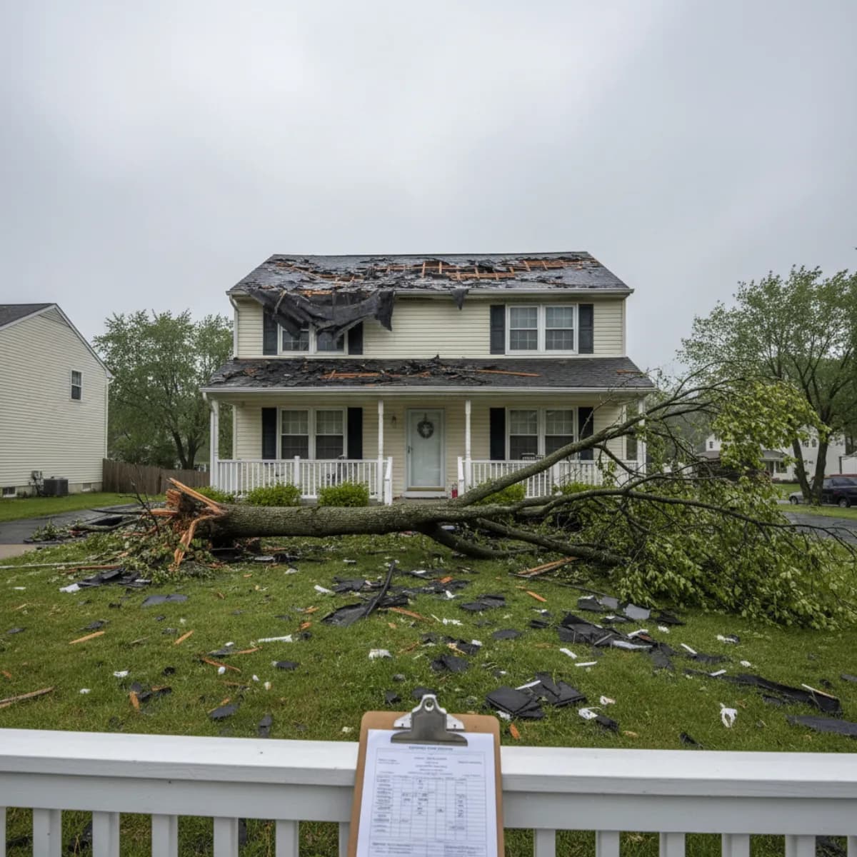 Wind-damaged residential roof in NJ suburb with missing shingles and tree limbs after storm