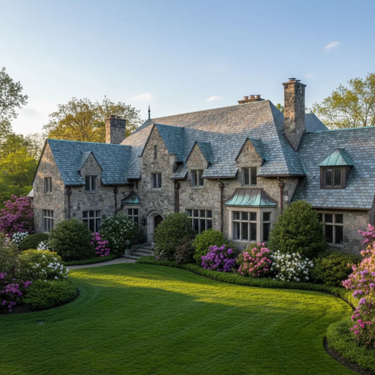 Natural gray slate tile roof on a stone Tudor mansion in Short Hills New Jersey