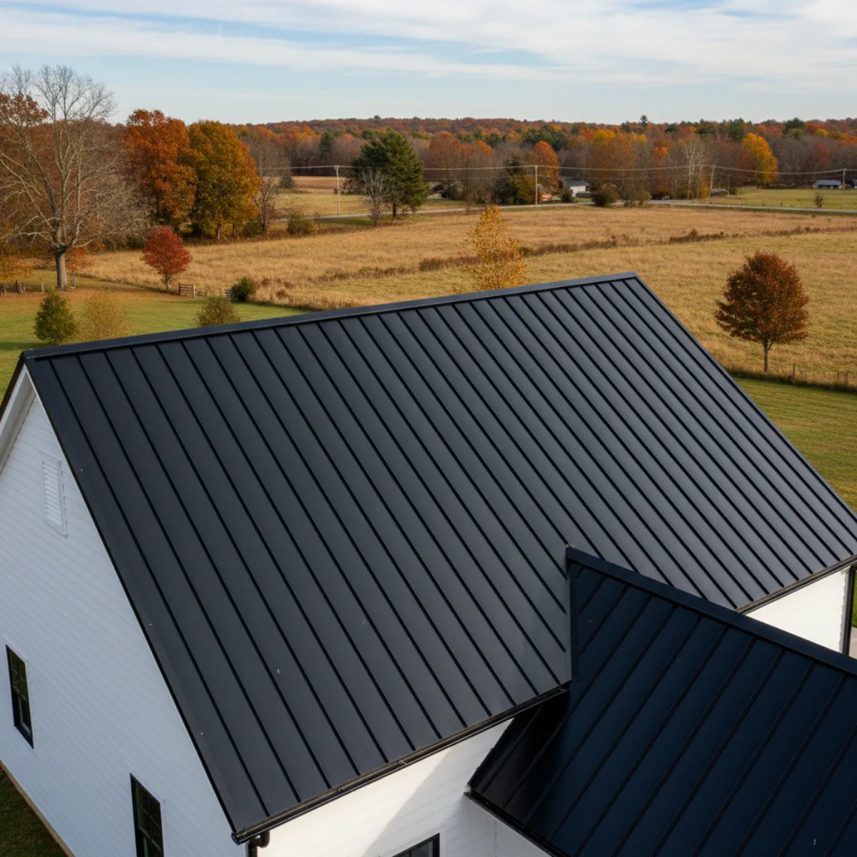 Matte black standing seam metal roof on a modern farmhouse in Hunterdon County NJ