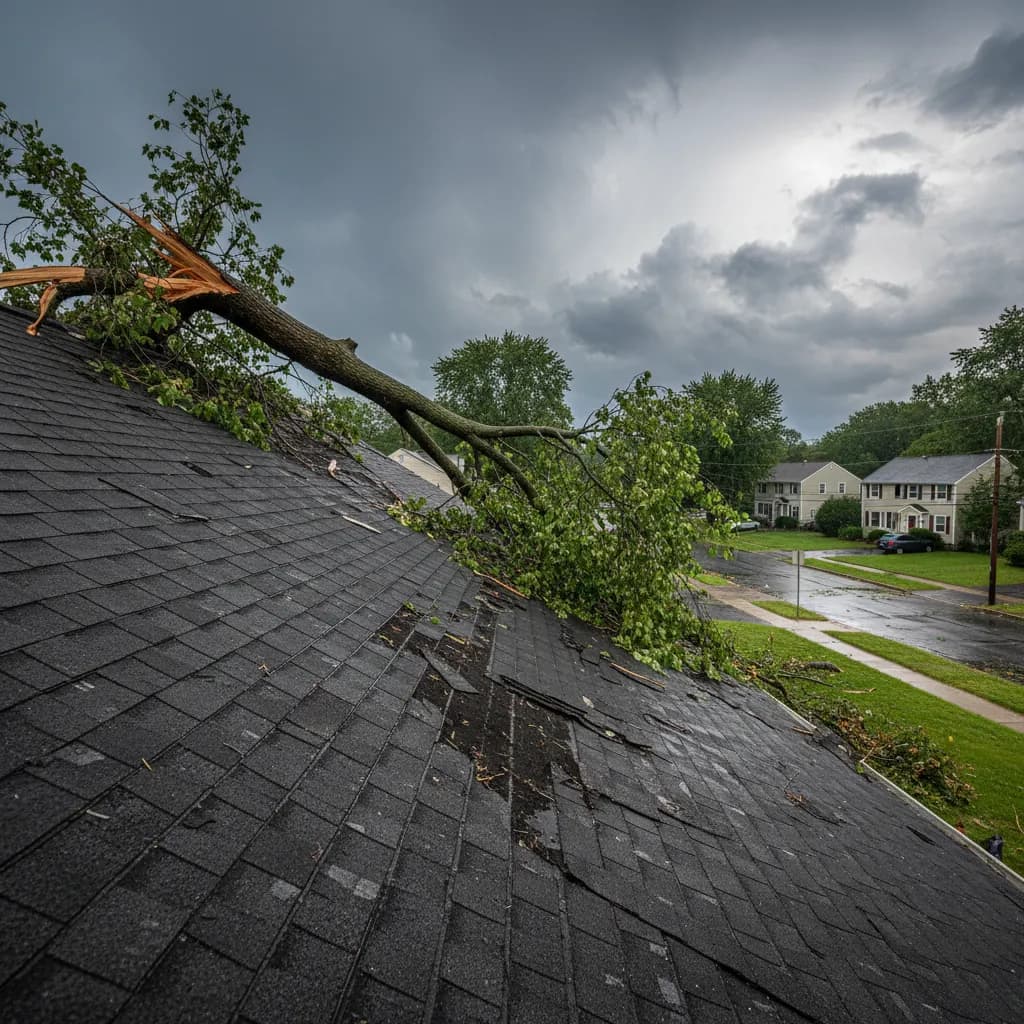 Storm-damaged roof in Connecticut with missing shingles and fallen tree branch