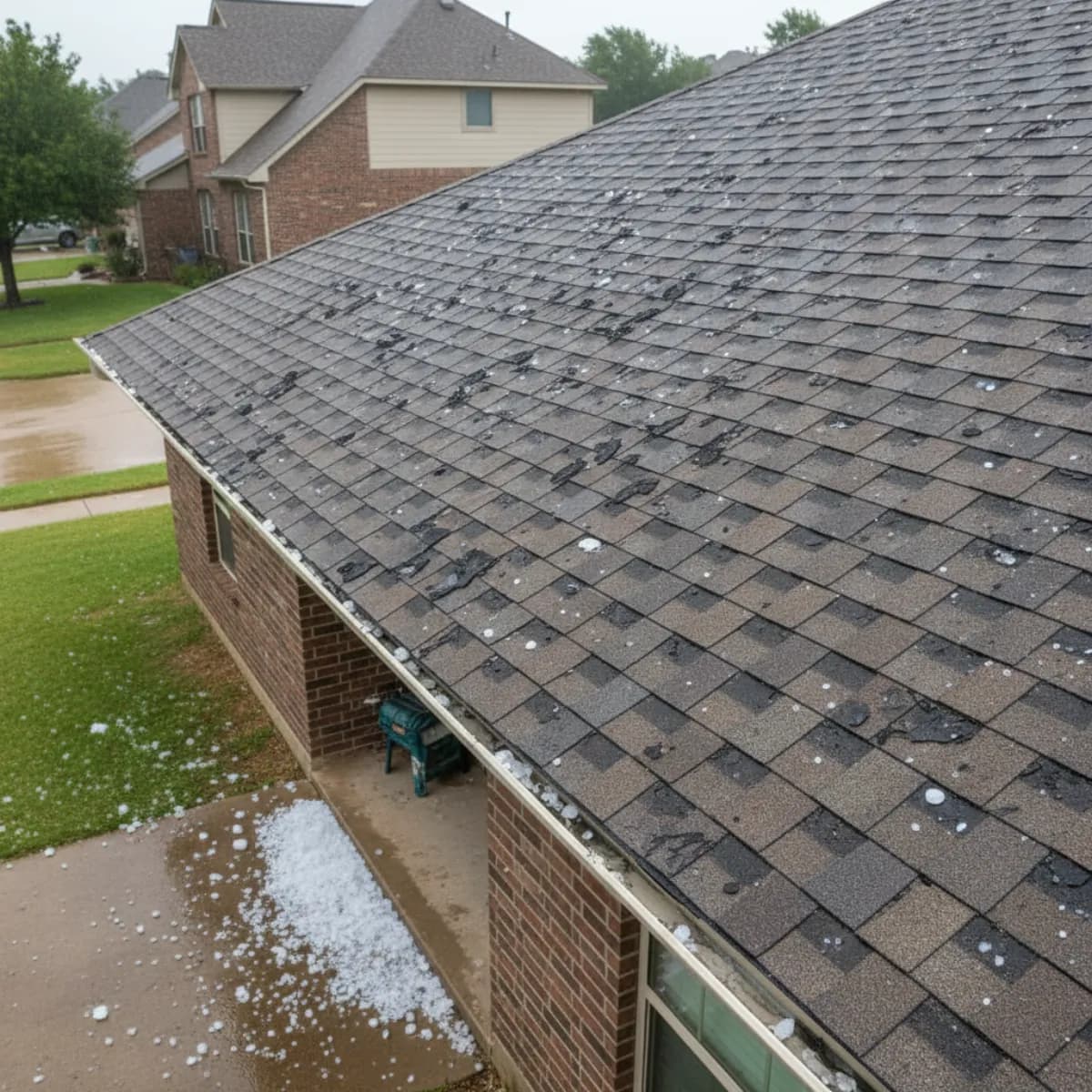 Hail-damaged asphalt shingle roof on a suburban DFW home