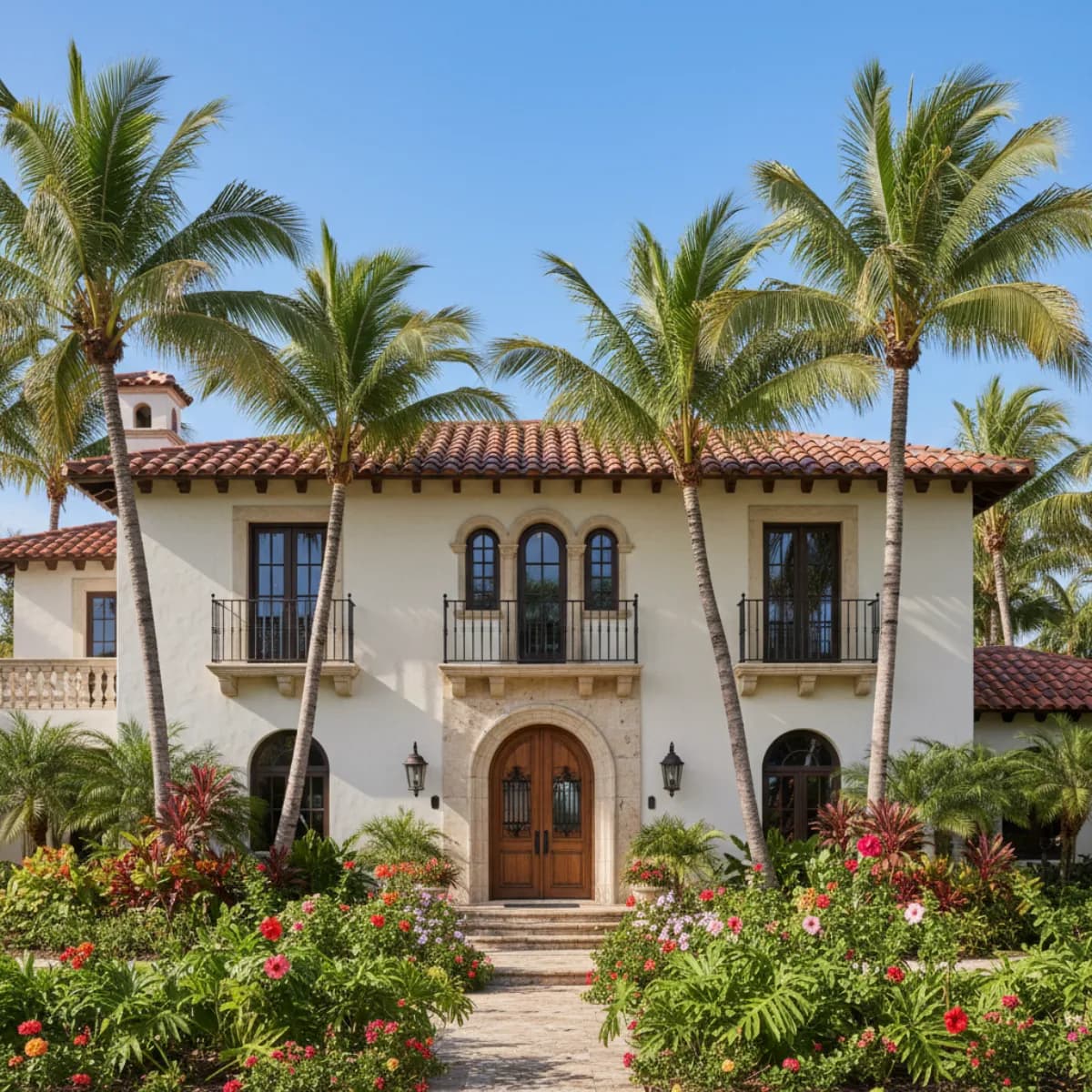 Spanish colonial Florida home with terracotta barrel tile roof surrounded by palm trees