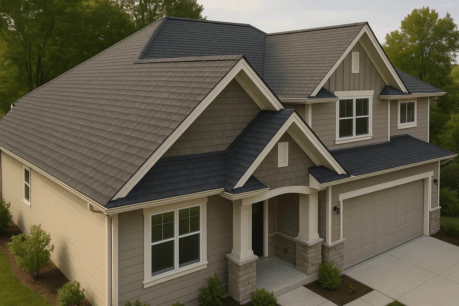 Split comparison of standing seam metal and architectural shingle roofs on Massachusetts colonial homes
