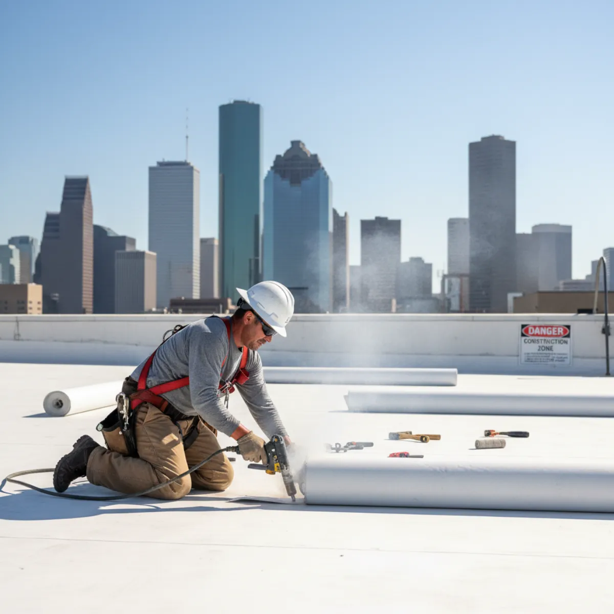 Commercial flat roofing installation on a Texas building with white TPO membrane reflecting sunlight